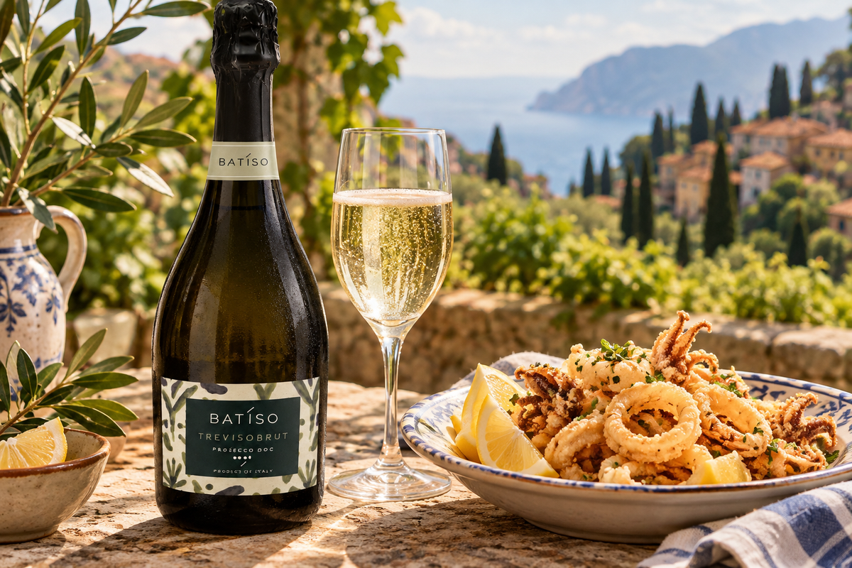 Batìso Prosecco DOC Brut served with calamari fritti on an Italian terrace