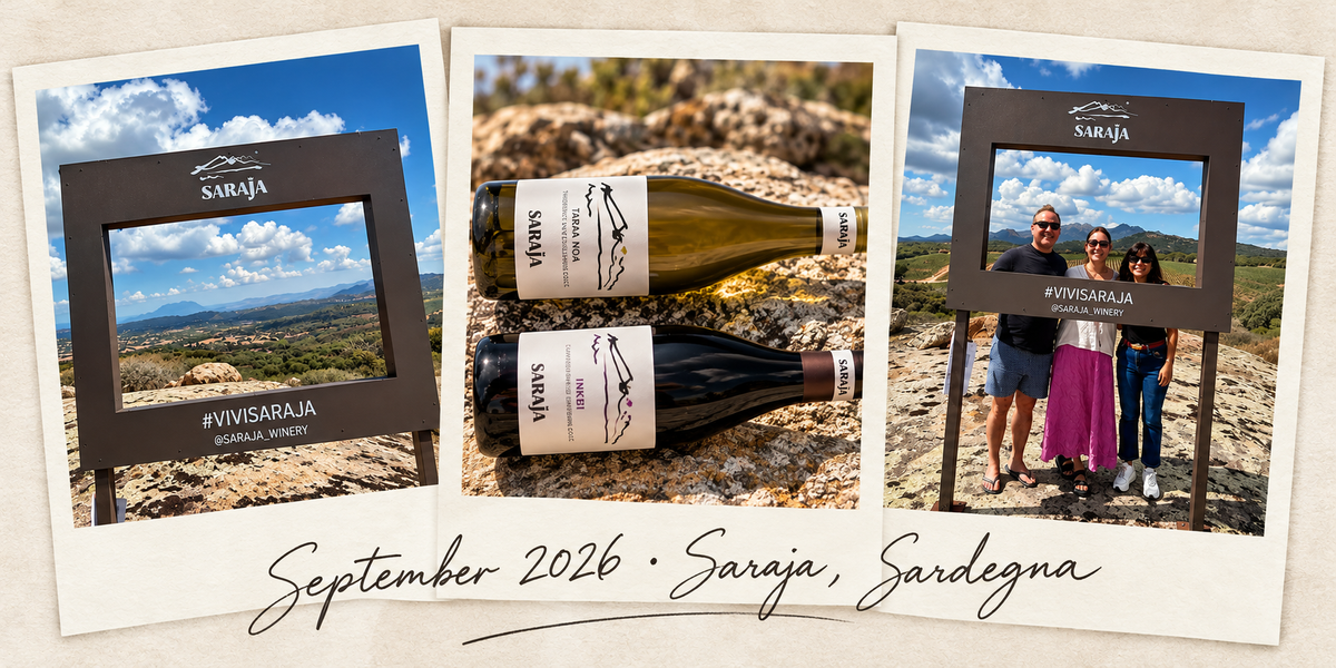Saraja vineyard memories in Sardinia, September 2026: vineyard views, Tarra Noa and Inkibi bottles, and a group photo.