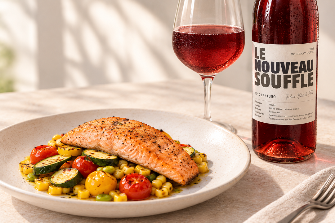Le Nouveau Souffle Clairet 2025 with salmon and summer vegetables